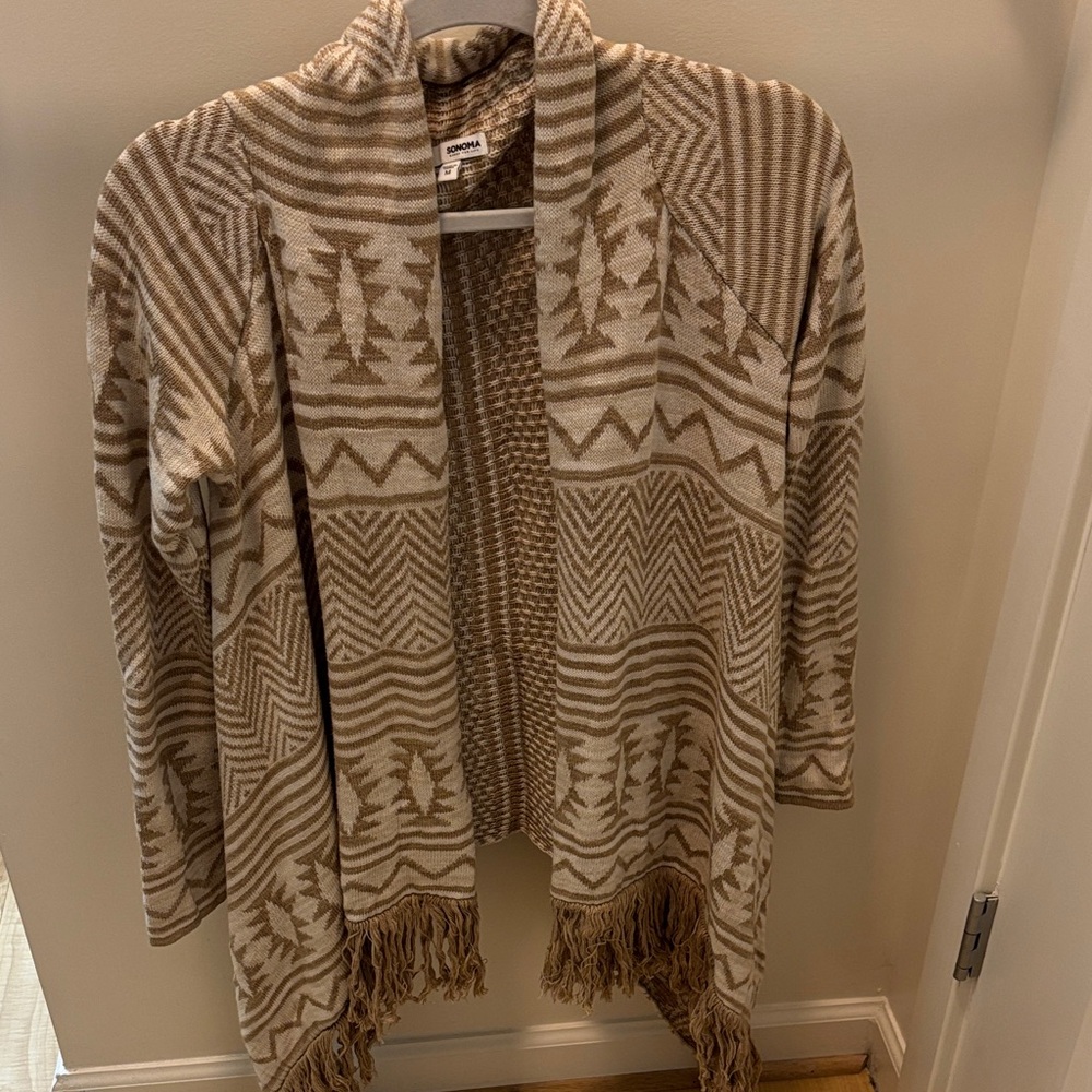 Sonoma Tan Patterned Cardigan with Fringe